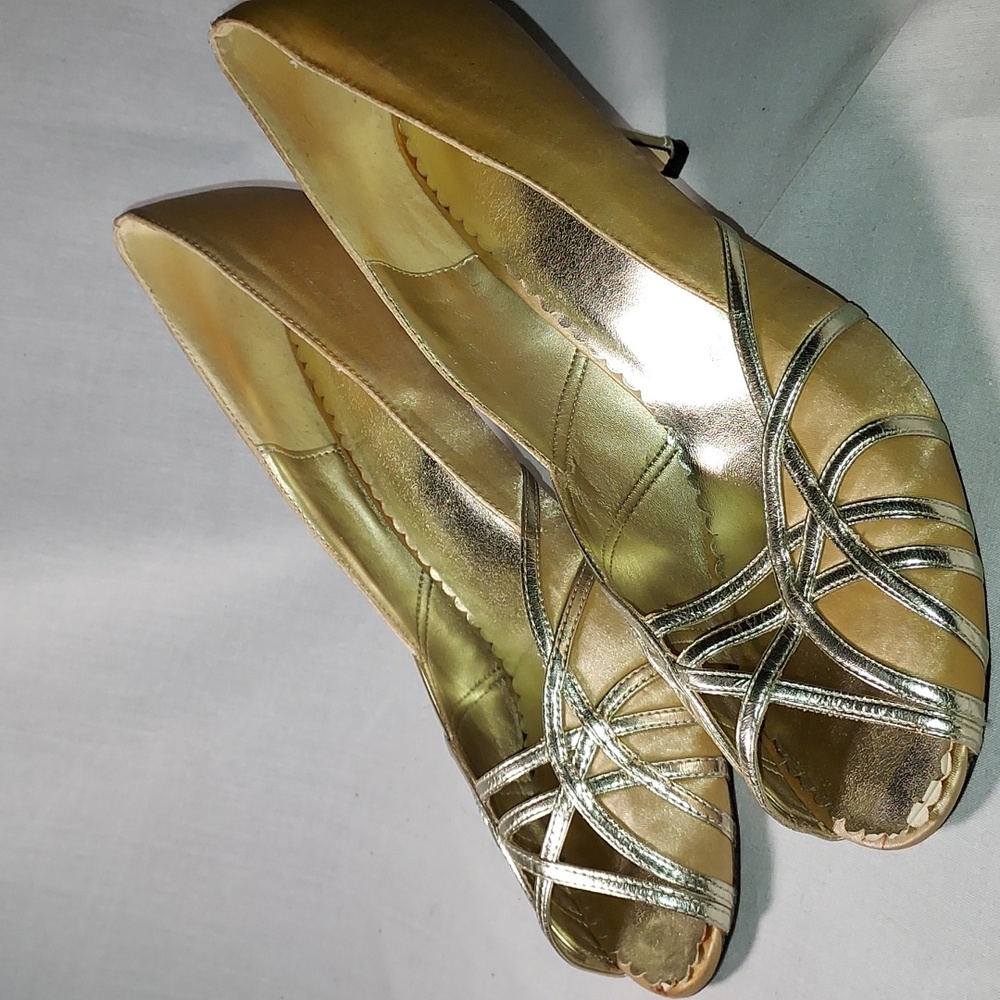 Gold Satin Upper Leather Sole Women's Shoes Open Toe Criss Cross Design